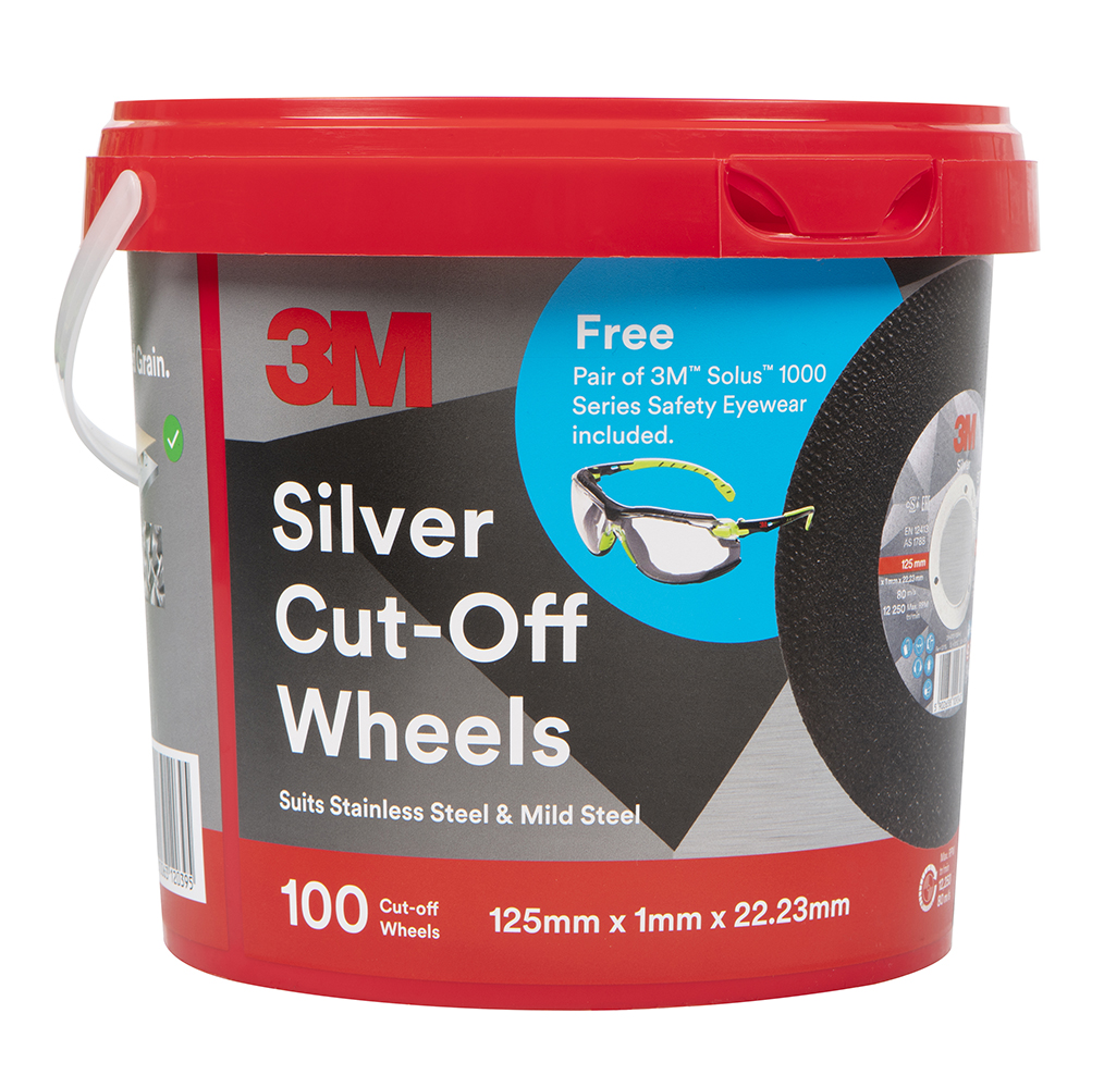 3M Silver Cut-off Wheel 125 x 1 x 22.3mm Bucket, 100 Wheels Bonus 3m Solus 1000